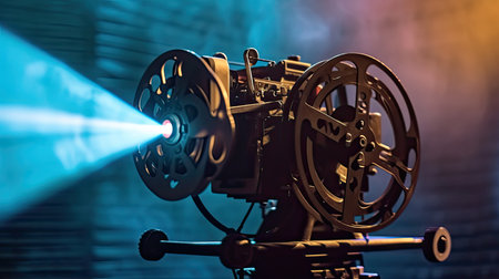 Movie projector on a dark background with light beam / high contrast imageの素材