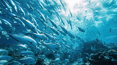 School of blue Indian Mackerel underwater along the dive site main marine life resources under the sea , Baa Atoll, Maldives.の素材