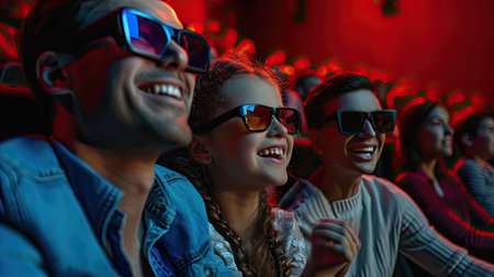 young joyful couple is with their daughter in the cinema, watching an exciting movieの素材