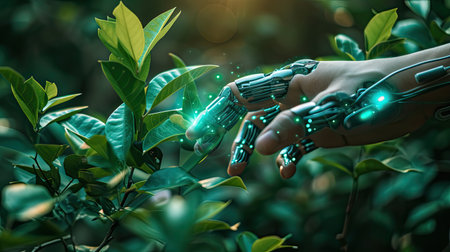 smart agriculture futuristic industry 4.0 technology concept, cyborg hand put to touch hand with green leaves with hud technology including artificial intelligence, 5g to analysis data of smart farmの素材