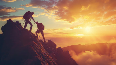 Teamwork friendship hiking help each other trust assistance silhouette in mountains, sunrise. Teamwork of two men hiker helping each other on top of mountain climbing team beautiful sunriseの素材