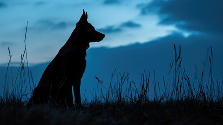 Dog silhouette in evening blue hour lightの素材