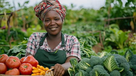 Woman, vegetables box and agriculture, sustainability or farming for supply chain or agro business. African farmer in portrait with harvest and gardening for NGO, nonprofit food or groceries basketの素材