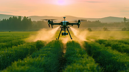 Modern technologies in agriculture. An industrial drone flies over a green field and sprays useful pesticides to increase productivity and destroys harmful insects. increase productivityの素材