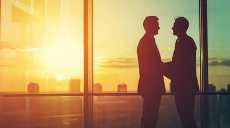 Silhouette of two businessmen handshaking together while standing near window with dusk sunlight backgroundの素材