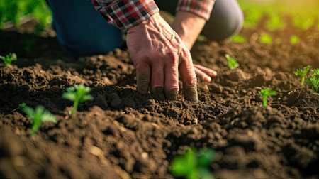 Male hands touching soil on the field. Expert hand of farmer checking soil health before growth a seed of vegetable or plant seedling. Business or ecology concept.の素材