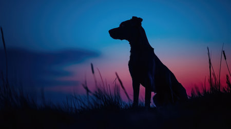Dog silhouette in evening blue hour lightの素材