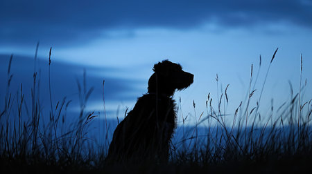 Dog silhouette in evening blue hour lightの素材