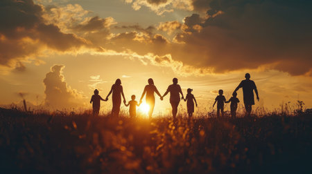 large family walks across field holding hands. happy family childhood dream concept. family walks across the fieldの素材