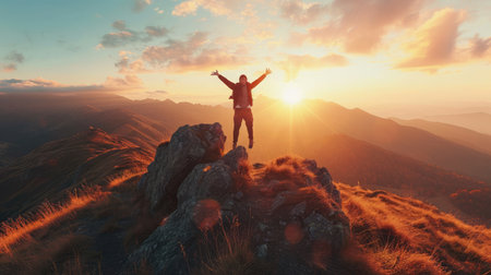 Victory jump of a young guy on a mountaintop at sunrise. He is celebrating as he reaches the top when first rays of autumn morning sun start spilling over the alpine hilltop.の素材