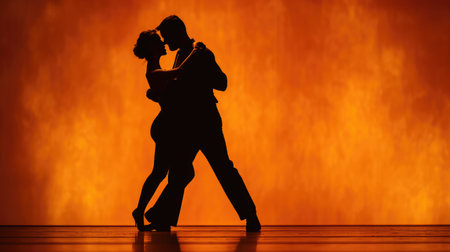 Couple of dancers approach each other and begin to dance Argentine tango. Elements of latin ballroom dance in studio with orange brown background.の素材