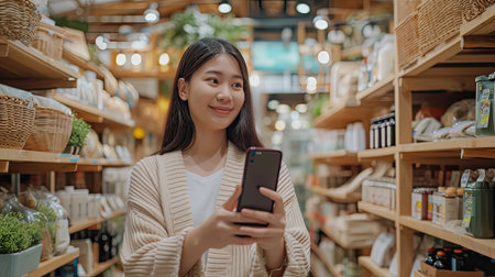 SME owner go green net zero retail store live stream talk on phone showing eco care plastic free packaging box. Asia people young woman record videoの素材