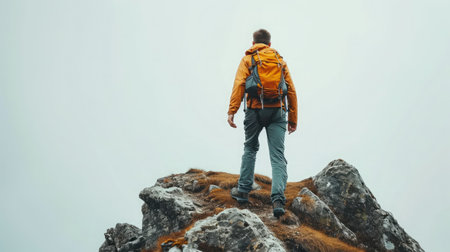 Fit young determined man climbing to top of mountain.の素材
