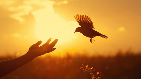 silhouette of bird flying out of Girl child hand on beautiful background. freedom concept ,International Working Women's Dayの素材