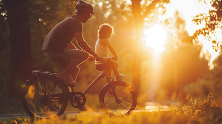 dad teaches daughter to ride a bike. happy family childhood dream concept. father and little daughter learn to ride bike silhouette in the park. happy family goesの素材