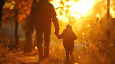 Little son, dad hold hands close up in nature in sun. Child father walk in park at sunset, family trust concept. Parent, kid boy outing together. Adoption of child. Happy family,の素材