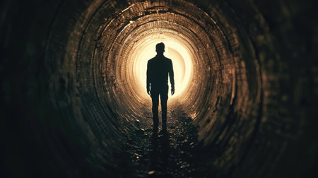 silhouette of man, shoulders slumped walking out of a dark tunnel towards a bright lightの素材