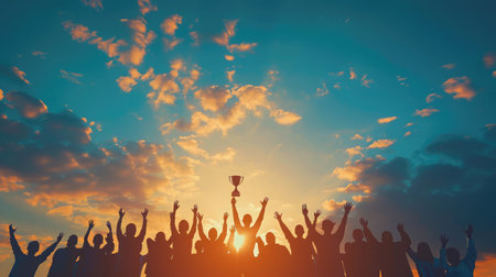 Success of teamwork, joint achievement of goal in business and life. Winning team is holding trophy in hands. Silhouettes of many hands in sunset.の素材