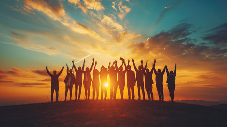 Success of teamwork, joint achievement of goal in business and life. Winning team is holding trophy in hands. Silhouettes of many hands in sunset.の素材
