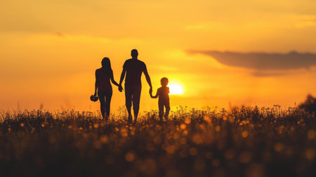 Silhouette of happy family walking in the meadow at sunset - Mother, father and child son having fun outdoors enjoying time together - Family, love, mental health and happy lifestyle conceptの素材