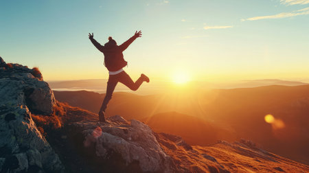 Victory jump of a young guy on a mountaintop at sunrise. He is celebrating as he reaches the top when first rays of autumn morning sun start spilling over the alpine hilltop.の素材