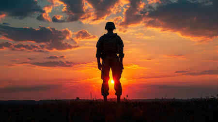 Silhouette of soldier standing against the backdrop of a sunset. Greeting card for Veterans Dayの素材