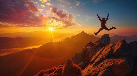Victory jump of a young guy on a mountaintop at sunrise. He is celebrating as he reaches the top when first rays of autumn morning sun start spilling over the alpine hilltop.の素材