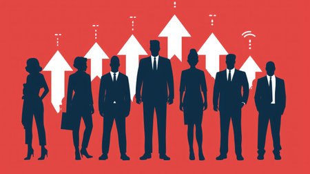 Group of people and rising arrow symbols. Career development. Growth. Success.の素材