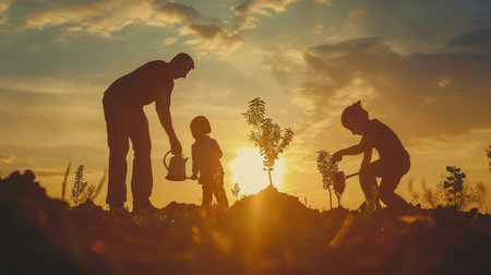 Happy family team planting tree in sun spring time. Farmer dad, mom child planting tree. Silhouette of family with tree at sunset. Family with shovel and watering can plants young trees sprout in soilの素材