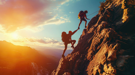 Male and female hikers climbing up mountain cliff and one of them giving helping hand. People helping and, team work concept.の素材
