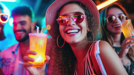 Nice attractive stylish cheerful cheery positive carefree guys ladies having fun hanging out best summer year student festive in new cool bar modern place indoorsの素材