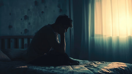 Lonely man silhouette sitting on the bed feeling depressed and stressed in the dark bedroom, Depression and anxiety disorder concept --ar 16:9 --v 6 Job ID: a675a951-3b79-4f1b-b0ea-b9c0869e5938の素材