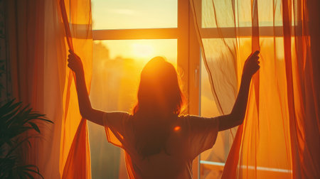 New day. Silhouette of woman opening orange curtains in morning at window. Web banner with copy space. Rear view. Concept of freedom, hope and happiness.の素材