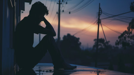 Silhouette of depressed man sitting on walkway of residence building. Sad man, Cry, drama, lonely and unhappy conceptの素材