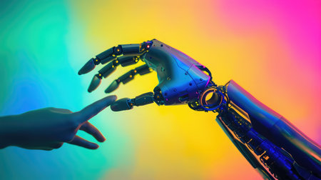 Silhouette of female hand touching the hand of a robot on a colorful backgroundの素材