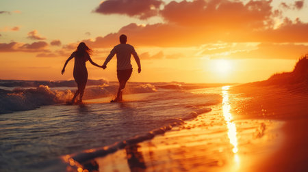 Silhouette of happy young couple in love together holding hands and running along seashore at sunset, copy space. Romance, relationship, date, valentine's day concept.の素材