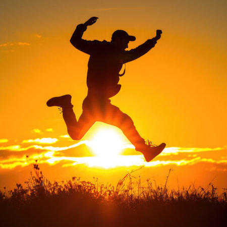 Silhouette of man jumping with cap in the sunsetの素材