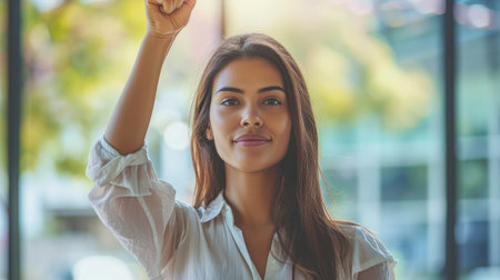 Stand strong. Woman with fist in the air. Feeling motivated, strength and courage concept.の素材