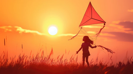 child launches kite sunset. silhouette teenage girl playing with wind sunset. happy family. childhood dream fly. flying a kite sky sunset. happy family concept. colored children toy with wind.の素材