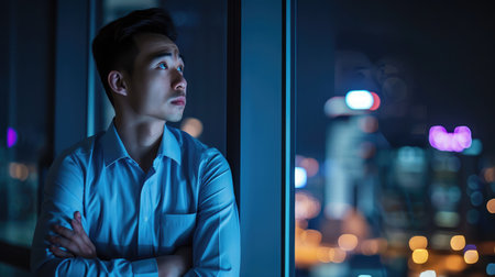 worried asian young businessman is standing near windows while working overtime in office at nightの素材