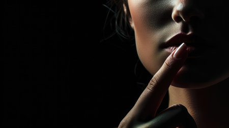 Silhouette of unknown woman with the face in the shadow holding finger on her lips on a black studio backgroundの素材