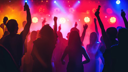 Silhouette of young people with raised flutes having fun and clubbingの素材