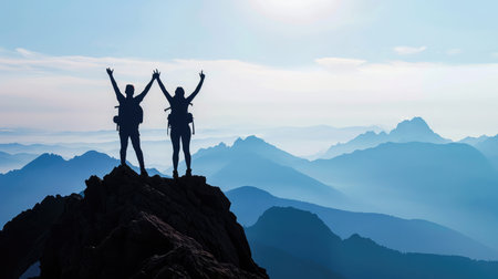 Silhouettes of two happy hikers in winner poses with raised arms are standing on mountain topの素材