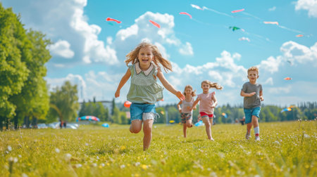 children run through the meadow in park with toys in their hands. happy family kid dream concept. a group of little kids have fun together and play with flying kites toy lifestyle airplaneの素材