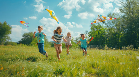 children run through the meadow in park with toys in their hands. happy family kid dream concept. a group of little kids have fun together and play with flying kites toy lifestyle airplaneの素材