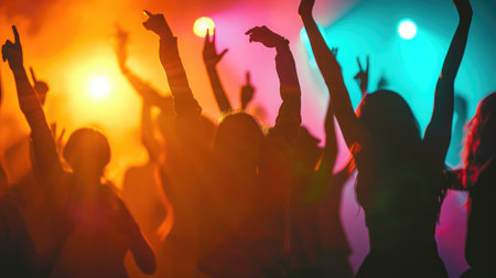 Silhouette of young people with raised flutes having fun and clubbingの素材