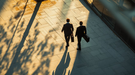 top aerial view of back two businessmen walk and hold briefcase in work time at pedestrian. with lighting and shadow.の素材