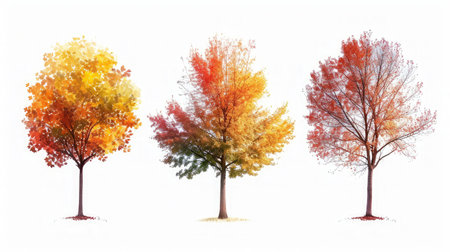 Collection autumn trees is isolated on white backgroundの素材