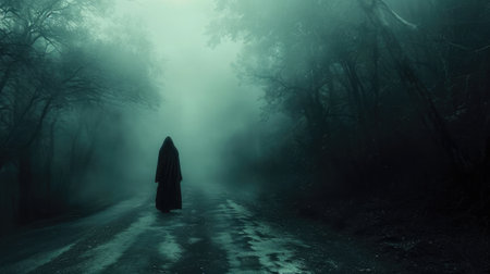 Ghost on the scary road in the paranormal world. Horrible dream. Strange forest in a fog. Mystical atmosphere. Dark wood. Mysterious road. Gothic witch.の素材