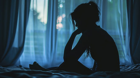 Silhouette of a woman sitting on bed feeling sleepless, suffering from emotional stressの素材